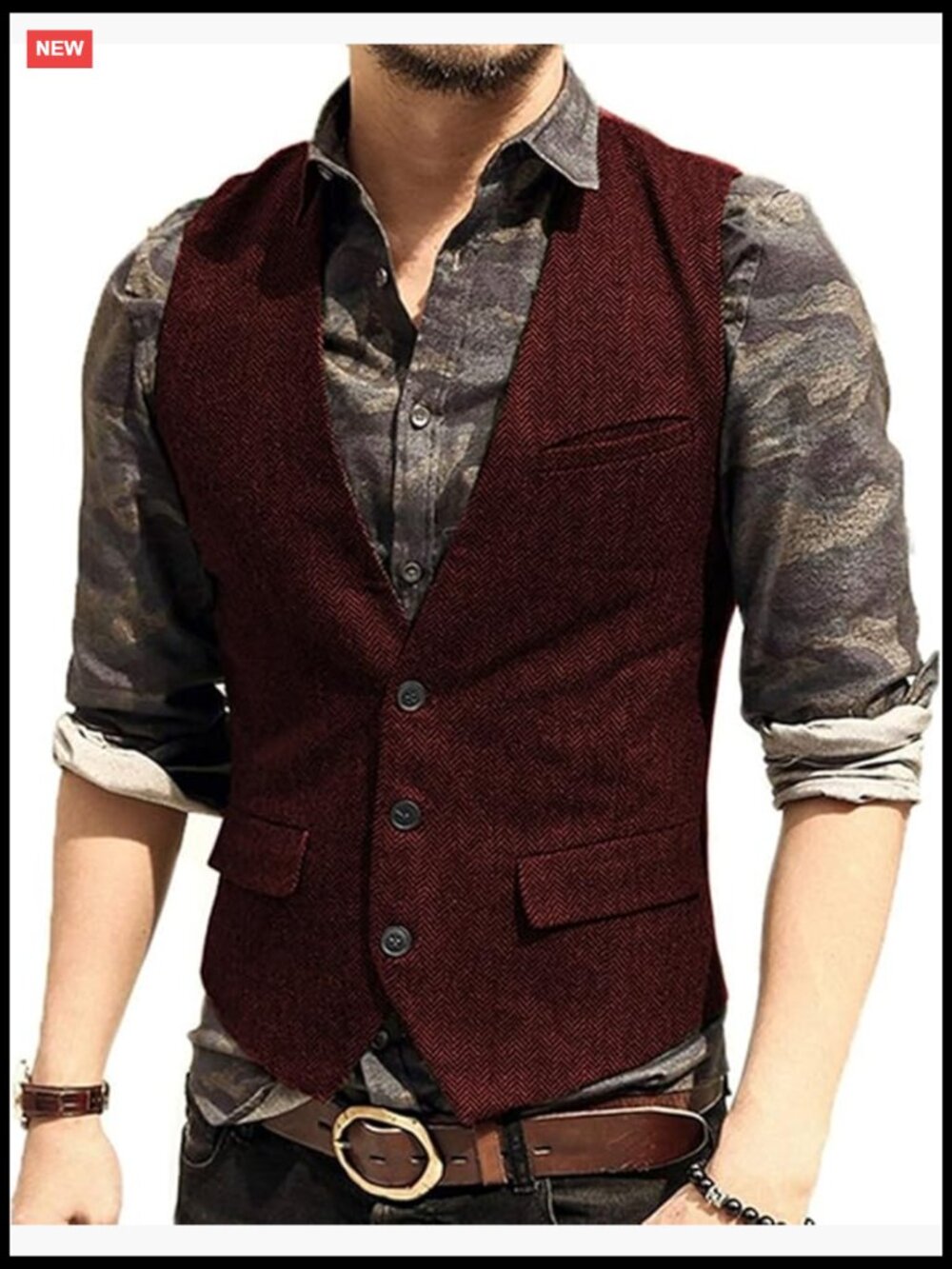 Men's Slim Fit Herringbone Vest with 3 Pockets for Wedding Prom